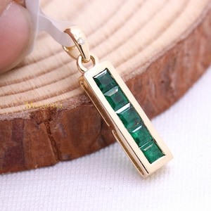 Green Emerald Square Faceted Gemstone Pendant, 14k Yellow Gold Emerald Pendant, Charm Emerald Pendant, Emerald Gold Pendant, Birthday Gift