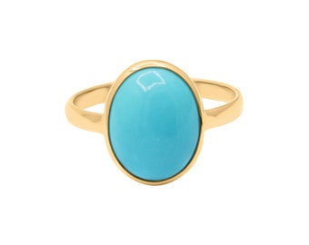 18k Yellow Gold Turquoise Ring, Turquoise Statement Ring, Gold Jewelry Ring, Oval Cabochon Gemstone Ring, Labor Day Sale