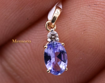 Wholesale Price Tanzanite Oval Faceted Gemstone Pendant, Diamond Gold Pendant, 14k Yellow Gold Pendant, Personalization Gift
