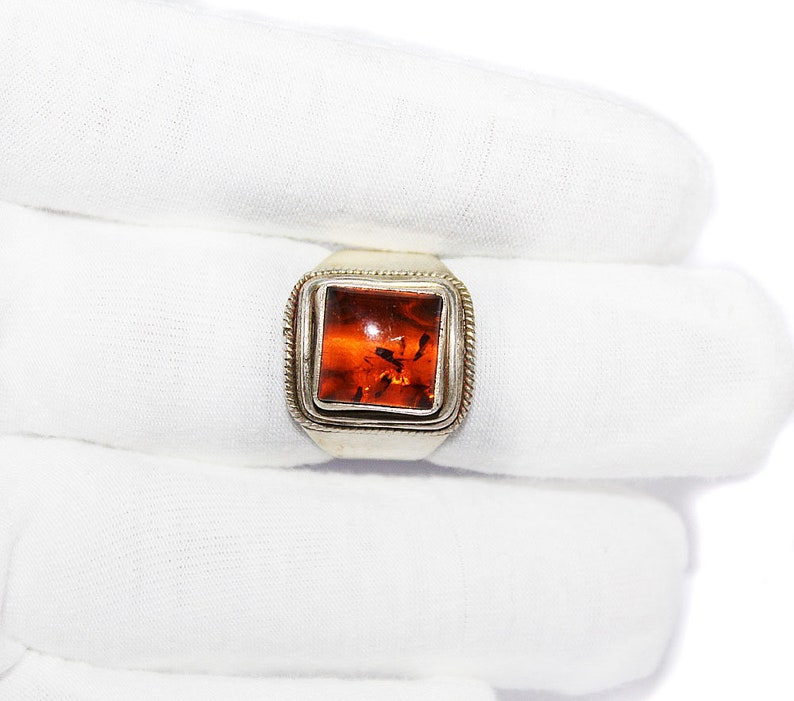 Gift For Woman And Girls Square Amber Gemstone Ring 925 Sterling Silver Ring Cognac Baltic Amber Ring Amber Jewelry Baltic Amber Ring