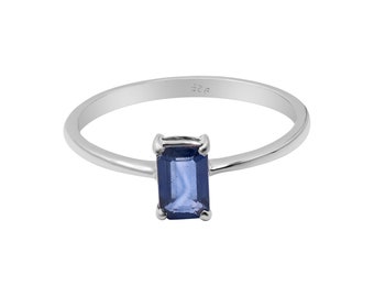 Rectangle Blue Sapphire Ring: Minimalist Sterling Silver Gemstone