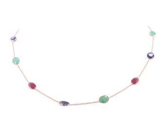 Emerald Ruby Sapphire Necklace: Sterling Silver Multi Gemstone Chain