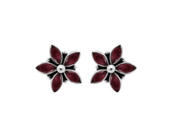 Flower Ruby Sterling Silver Stud Earrings: Boho Birthday Gift
