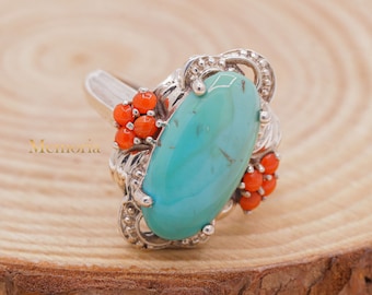 Bague Vintage Argent Sterling Avec Turquoise Et Corail Rouge - Bijou Ancien Occasion