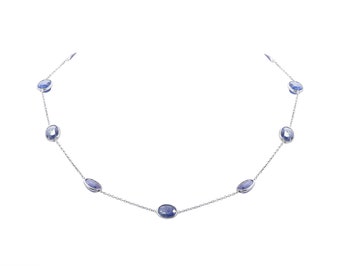 Blue Sapphire Bezel Set Station Chain Necklace : 925 Sterling Silver