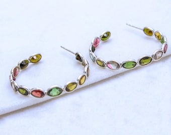 Multi Tourmaline Beaded Gemstone Earring, 925 Sterling Silver Hoop Earring, Silver Jewelry Earring, valentine day