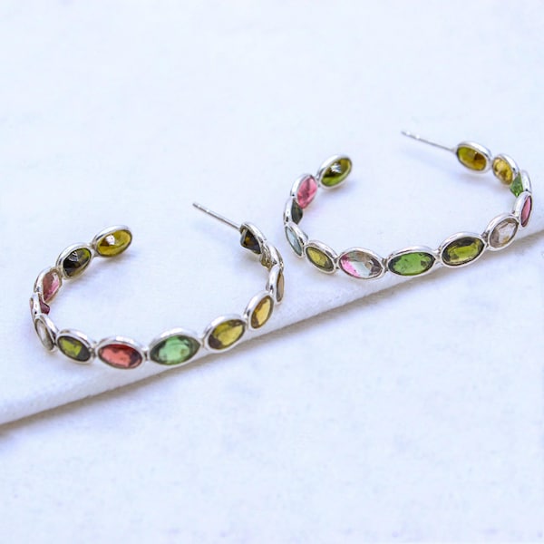 Multi Tourmaline Beaded 925 Sterling Silver Hoop Earring