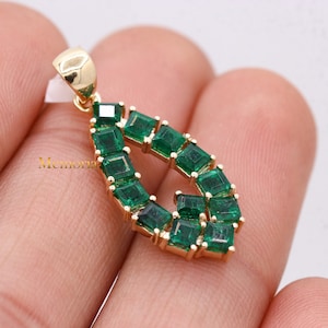Green Emerald Pendant, 14k Yellow Gold Emerald Pendant, Gemstone Pendant, Emerald Dangle Earring, Cluster Emerald Pendant, Anniversary Gift