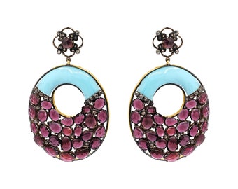 Red Ruby Dangle Earring : Enamel Diamond Sterling Silver