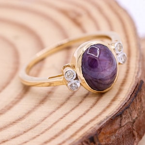 Natural Star Ruby Ring, 14k Yellow Gold Ring, Star Ruby Diamond Ring, Ruby Star Gemstone Ring, Statement Ruby Star Ring, Anniversary Ring