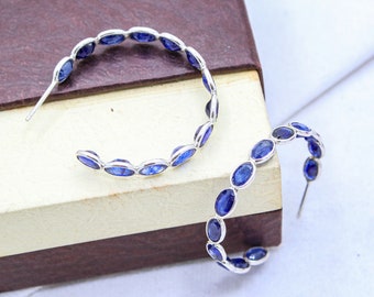 Genuine Sapphire Hoop Earrings- Silver Hoop Earrings-Classic Silver Hoop Earrings-Gemstone Hoop Earrings-Boho Hoop Earring For Anniversary