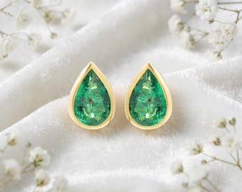 Emerald Stud Earrings, 9k Yellow Gold Pear Shape Bezel Setting