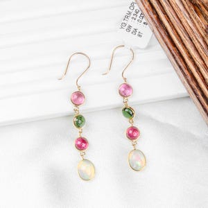 Multi Tourmaline Gemstone Earring, 18k Yellow Gold Earring, Tourmaline Opal Gemstone Dangle Earring, Special Birthday Gift