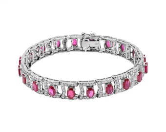 Natural Ruby Tennis Bracelet 18k Solid Gold Diamond Bracelet Women's Elegant Tennis Oval 9.970CT Ruby Charms Bracelet Gift for Women's