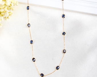 Genuine Blue Sapphire 18k Yellow Gold Station Necklace