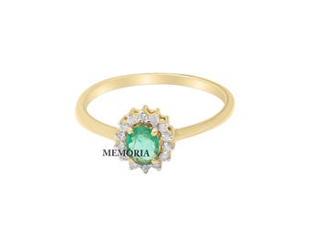 Handmade 14k Yellow Gold Emerald and Diamond Ring