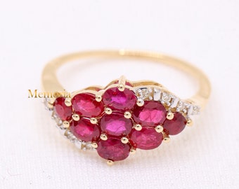14k Yellow Gold Ruby Diamond Cluster Ring, Floral Engagement Wedding Band