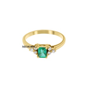 Green Emerald Gemstone Ring, Cubic Zirconia Gemstone Ring, 14k Yellow Gold Ring, Diamond Emerald Ring, Birthday Gift