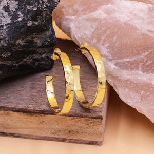 Sterling Silver Flat Hammered Hoop Earrings, Silver Hoop Earrings, Classic Hoop Earrings For Women, Chunky Silver Hoop Earrings For Women