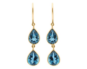 Beautiful Handmade London Blue Topaz Earrings Two Gemstone Dainty Dangle Long Earring In 18K Yellow Gold Natural Topaz,  Easter Day Gifts