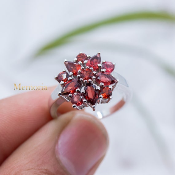Flower Garnet Ring: Natural Red Gemstone, 925 Sterling Silver