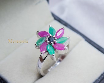Flower Ruby Emerald Ring: 925 Sterling Silver