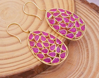 Ruby Red Gemstone Dangle Earring : 18k Yellow Gold