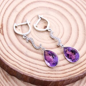 Natürliche Amethyst Ohrringe, 925 Sterling Silber, baumeln Tropfen Ohrringe, CZ Silber Ohrring, Hochzeit Ohrring, Statement Ohrringe, Geburtstagsgeschenk