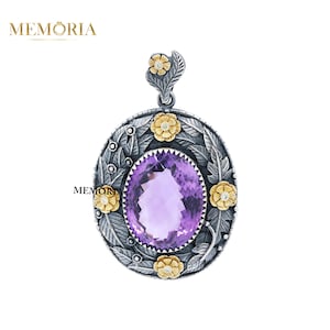 Art deco Amethyst Pendant, Sterling Silver Pendant, Amethyst Diamond Pendant, Vintage Amethyst Pendant, 18k Gold Carving Leaf Flower Pendant