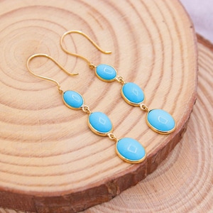 Blue Turquoise Plain Oval Cabochon Dangle Earring, 18k Yellow Gold Dangle Jewelry, Turquoise Gemstone Dangle Earring, Birthday Gift