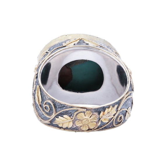 18Kゴールドターコイズダイヤモンドリング：彫刻された宝石バンド