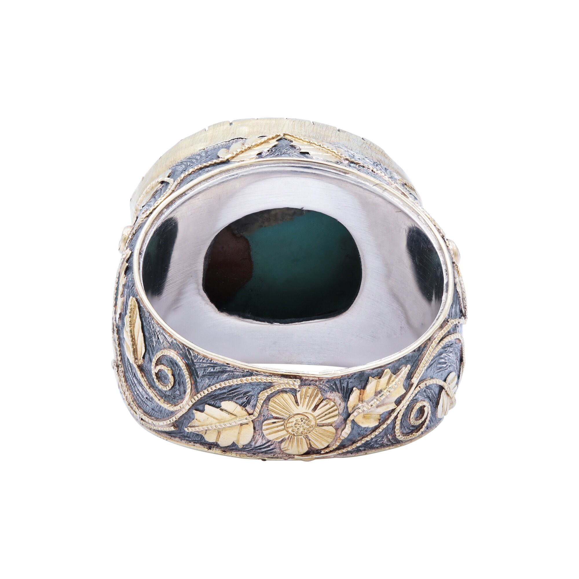 18Kゴールドターコイズダイヤモンドリング：彫刻された宝石バンド