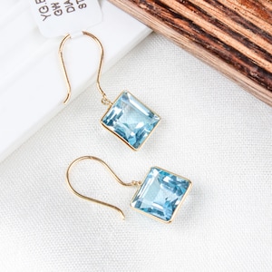 Natural Blue Topaz Earrings, 18k Yellow Gold Earrings, Tiny Topaz Dangle Drop Earrings, Minimalist Dangle Earrings, Birthstone Earring