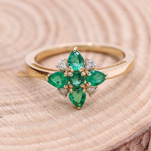 Flower Designs Green Emerald Gemstone Ring, Diamond Ring, White Diamond Ring, 14k Yellow Gold Ring, Stackable Ring, Birthday Gift