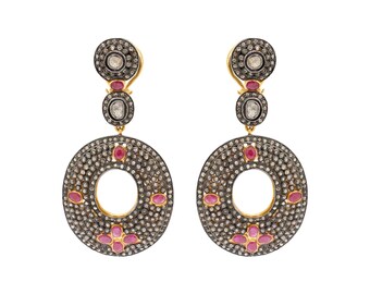 Polki Diamond Ruby Gemstone Earring : 925 Sterling silver