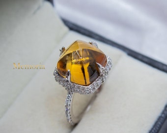 Anillo de circonita cúbica de citrino amarillo: plata de ley 925
