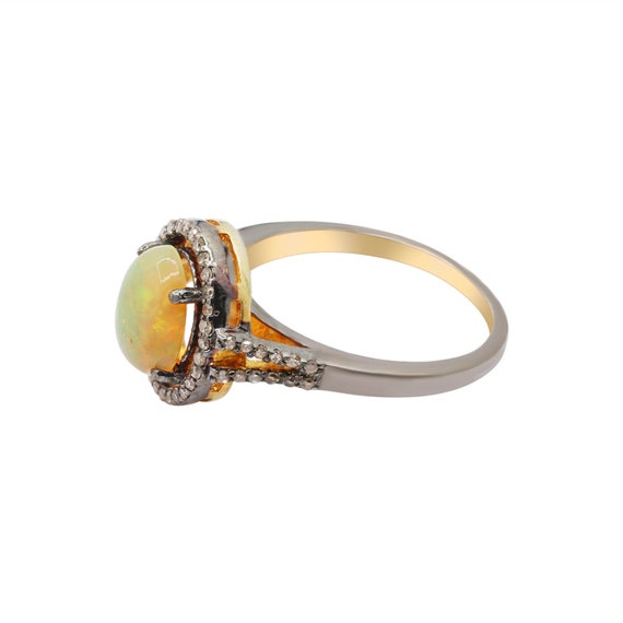 Natural Ethiopian Opal Diamond Ring, 925 Sterling Silver Diamond Opal Ring,  Vintage Fire Opal Diamond Ring For Women, Boho Opal Diamond Ring