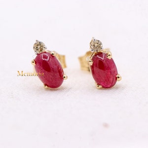 Natural Ruby Oval Faceted Gemstone Earring, 14k Yellow Gold Ruby Stud, Stud Ruby Earring, Diamond Ruby Earring, Personalization Gift