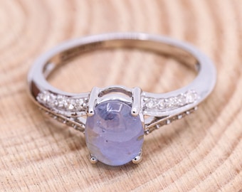 Blue Star Sapphire Diamond Ring: 18k White Gold