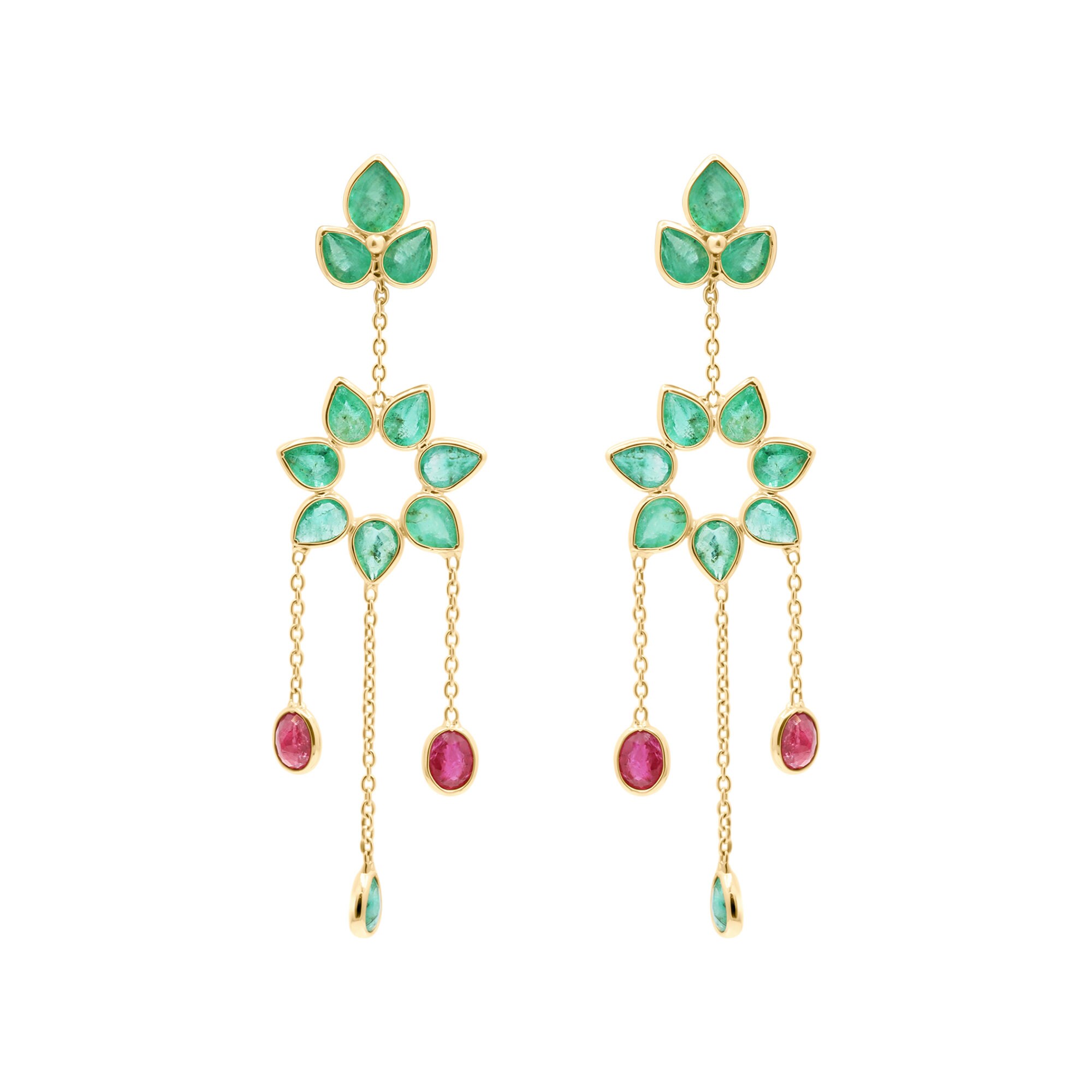 Green Emerald Ruby Earrings, 18k Yellow Gold Earrings, Emerald Ruby Earrings, Engagement Emerald Ruby Earrings, Birthday Gift