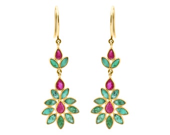 Emerald & Ruby Gemstone Earring : 18k Yellow Gold