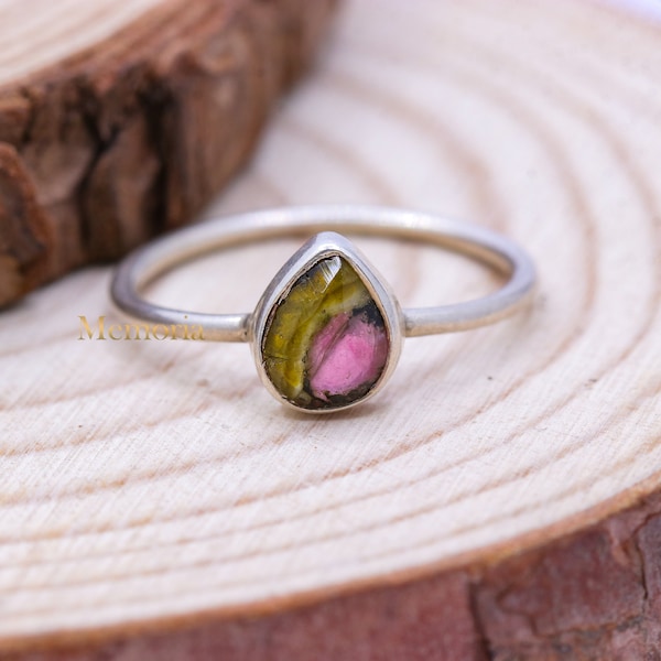 Watermelon Tourmaline Ring- Natural Watermelon Tourmaline Ring- 925 Sterling Silver- Genuine Pear Gemstone- Colored Ring- Anniversary Gift