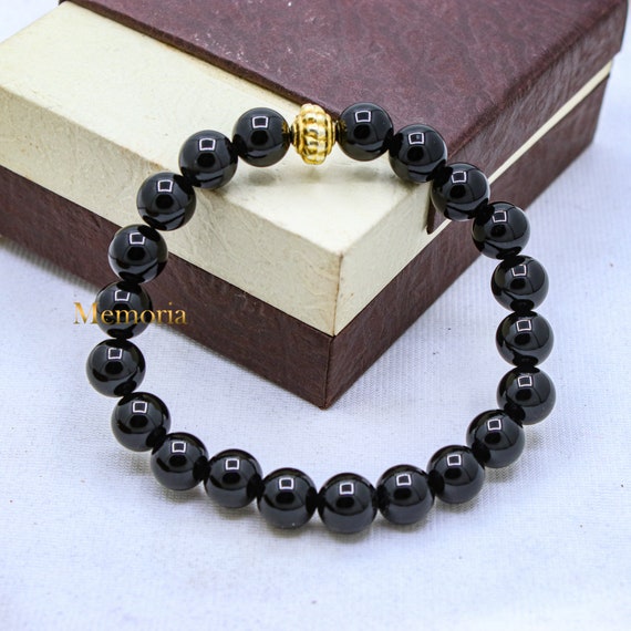 ◇HYERES LOR◇ H Edition (W) Ball Black Onyx Beads Bracelet Black Onyx Bracelet, Onyx Gemstone Round Beaded Bracelet for