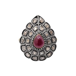 Ruby Pear Cabochon Ring: Polki Diamond, Sterling Silver, Boho Jewelry