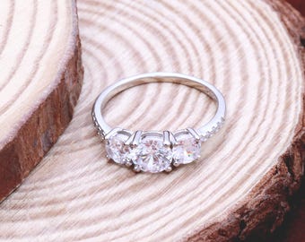Three Stone Cubic Zirconia Ring : 925 Sterling Silver