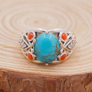 Natural Turquoise Ring, Coral Turquoise Silver Ring, Bohemian Coral Ring, 925 Sterling Silver Ring, Boho Turquoise Ring, Birthday Gift
