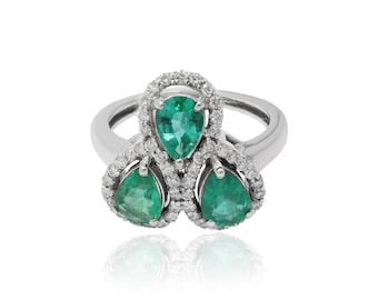 Pear Emerald Diamond Ring: 18k White Gold Three Stone