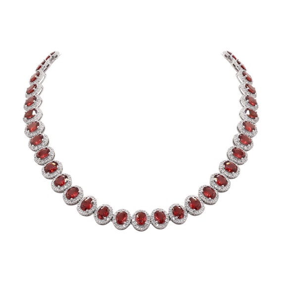 Garnet Necklace Earrings Set : CZ Sterling Silver Jewelry Set
