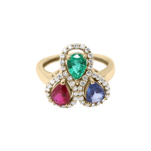 Ruby Emerald Sapphire Gemstone Ring, Diamond Sapphire Ruby Ring, 18k White / Yellow / Rose Gold Ring, Anniversary Gift