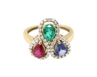 18Kゴールドの宝石リング：ルビー、エメラルド、サファイア、ダイヤモンド